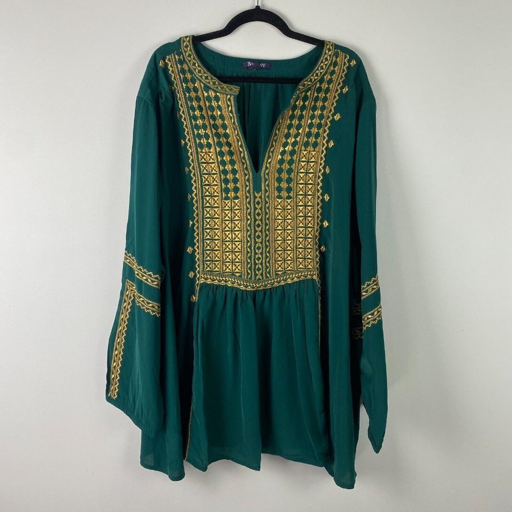 Roamans Boho Embroidered Tunic Top Womens 36W Green V Neck Long Sleeve